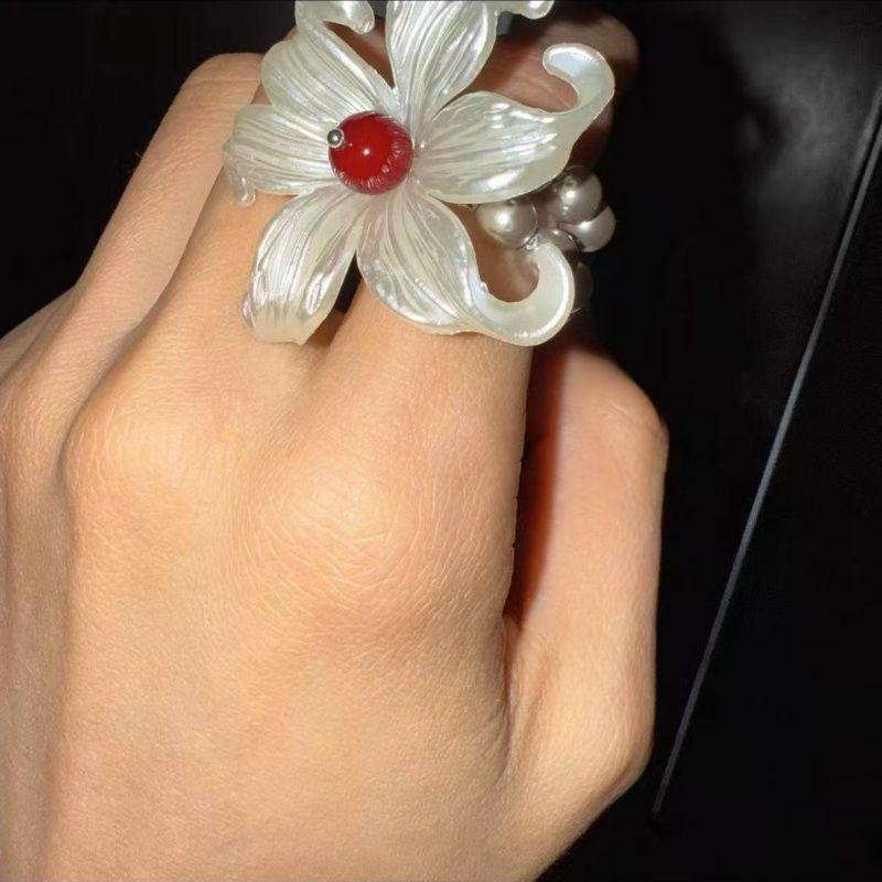 Pearl Acrylic Flower Double-layer Ring Fashionable Small Fresh Sweet Index Finger Ring Niche Temperament Versatile Jewelry Women
