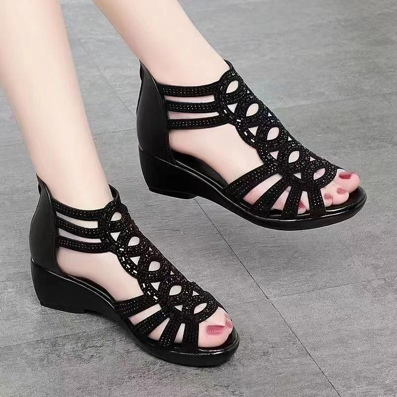 Fashion 2024 Summer Mother Elegant Shoes for Women Wedges Heel Sandalet Fashion Soft Leather Roman Platform Sandals Damen Zapatos Mujer