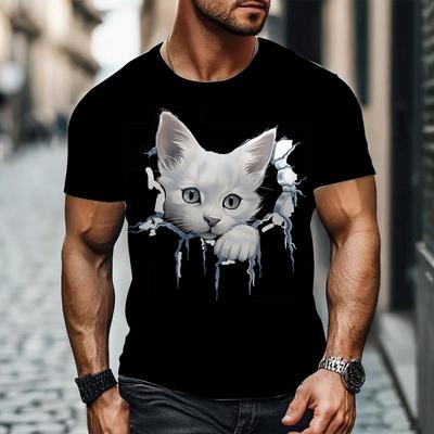 Summer Round Neck 3D Cartoon Cat Pattern Print Top Fashionable Casual Short Sleeved Men's T-shirts