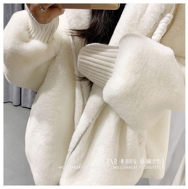 2024 Women's Winter Mid-length Faux Rex Rabbit Fur Coat with Hood and Fleece Lining
