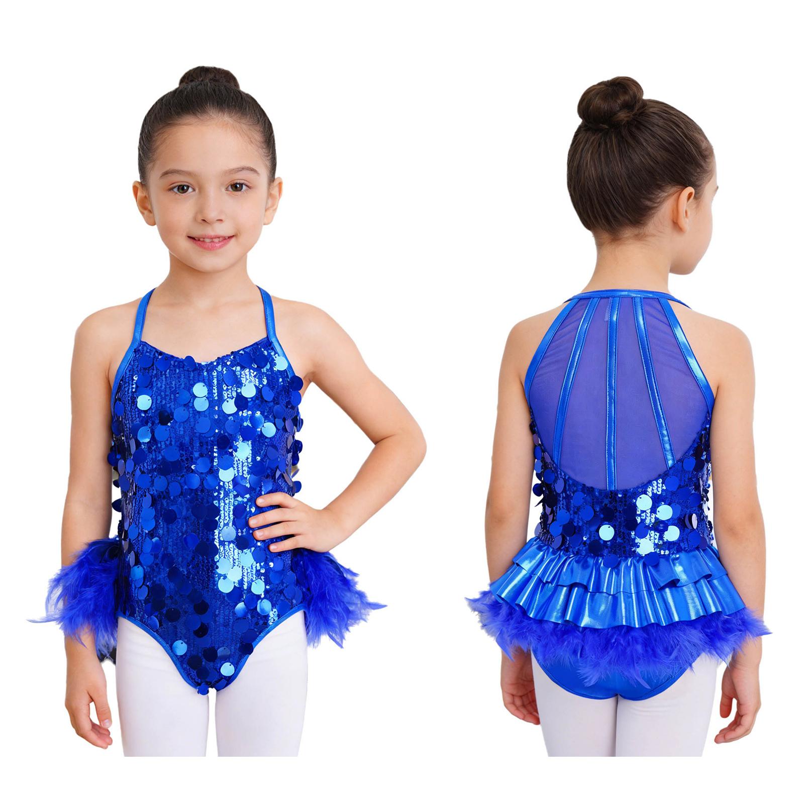 

Kids Girls Ballet Dance Costume Sparkly Sequins Sleeveless Jazz Latin Feather Skirted Leotard Ballroom Dance Dress Clothes 5-6 Years королівський синій колір