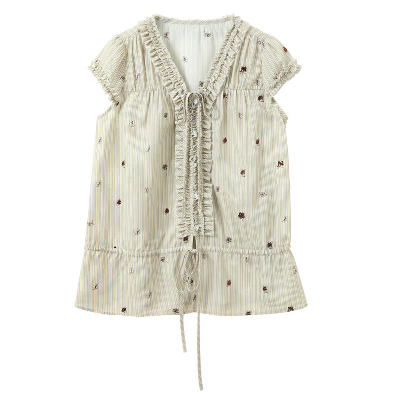

Sancai Women s Striped Embroidered V-Neck Puff Sleeve Blouse L
