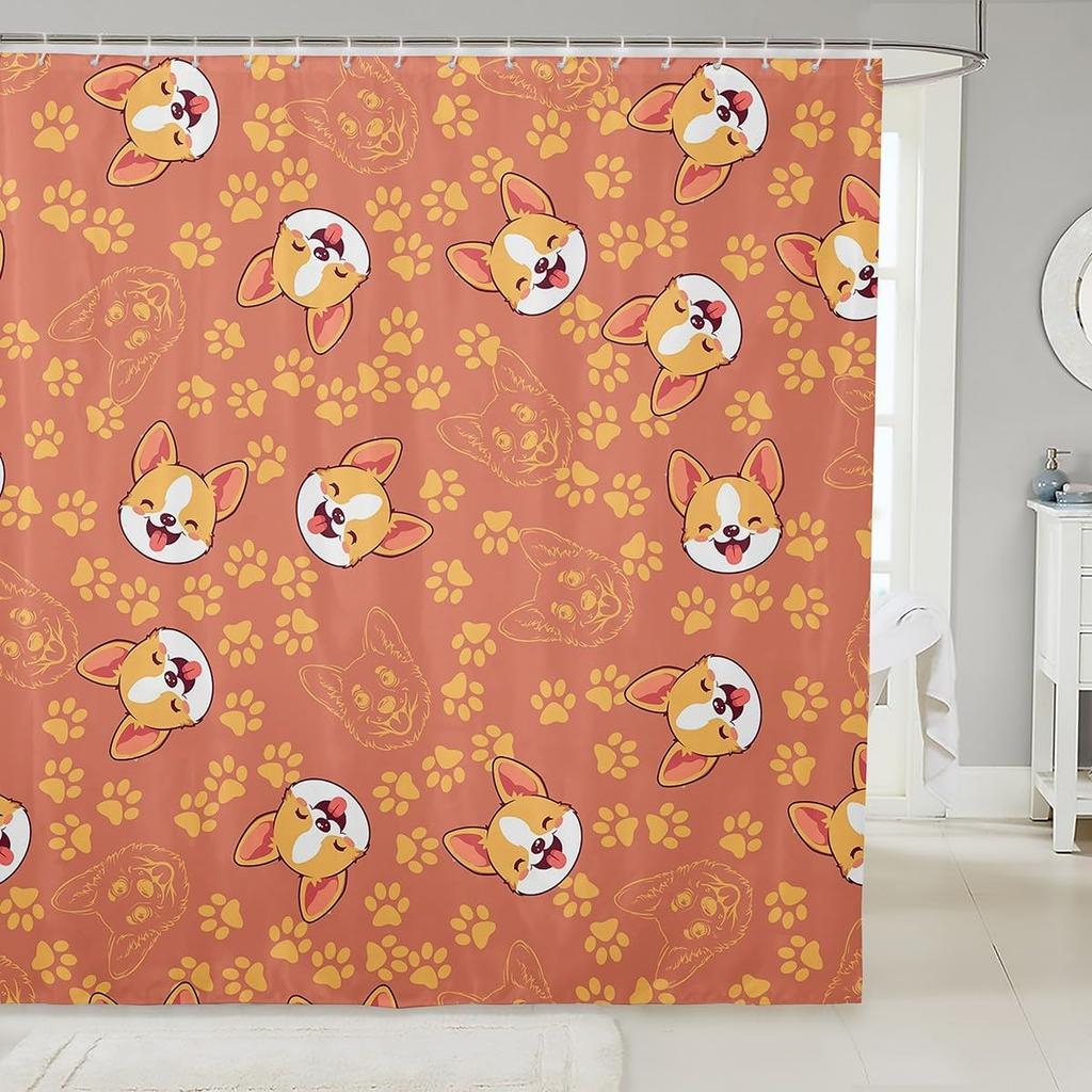 Cartoon Corgi Bathroom Curtain,Blossom Flower Green Leaves Shower Curtain Kids Girls Bathroom Decor,Cute Dog Nature Botanical