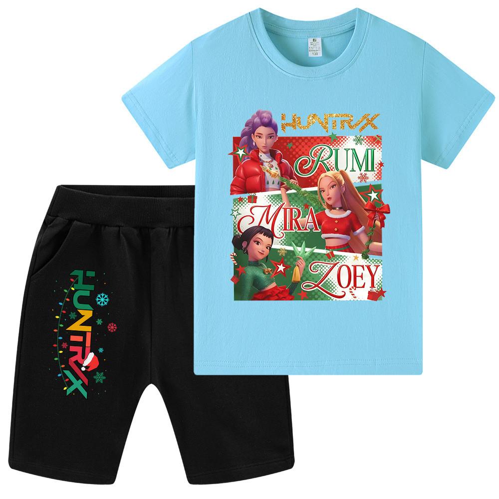 WA1264 Kids Boys Girls Kpop Rumi Zoey Mira Christmas Print Short Sleeves T-shirt Shorts Pants Sets
