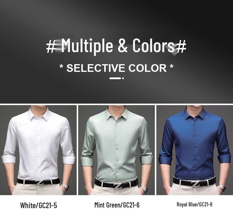 Men's Solid Color Iron-Free Stretch Korean Style Slim Fit Long Sleeve Business Casual Shirt - White