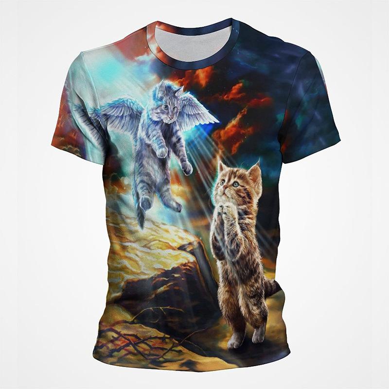 

Colorful Cute Animal Kitten Summer Short Sleeved T-shirt Men s Round Neck Print Shirt 6xl