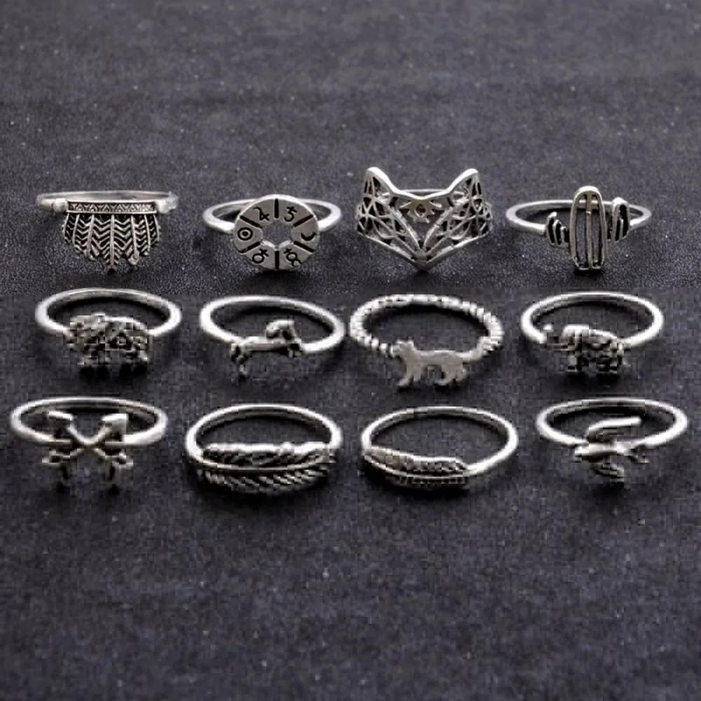 12 stk Gotisk Elefant Rev Kaktus Finger Knokeringer Sett for Kvinner Tre Blad Geometrisk Pil Ringer Smykker