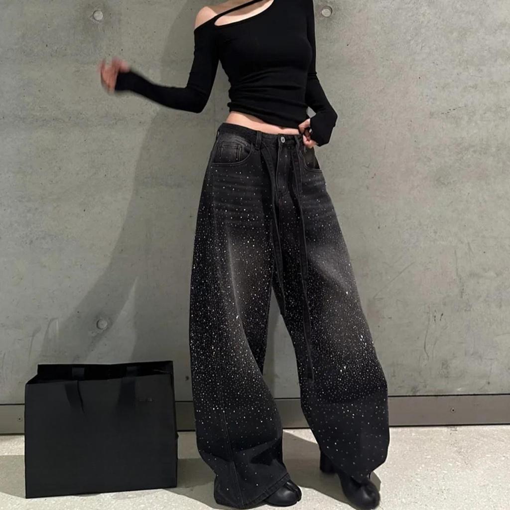 Glittering Rhinestone Denim Pants Women's Jeans Wide Leg Design Sensation Floor-Length Pants Loose Jeans