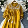 Elegant Retro Lace Up Summer Dress for Women A Line Ruffle Lantern Sleeve Loose Vacation Sweet O Neck Dresses