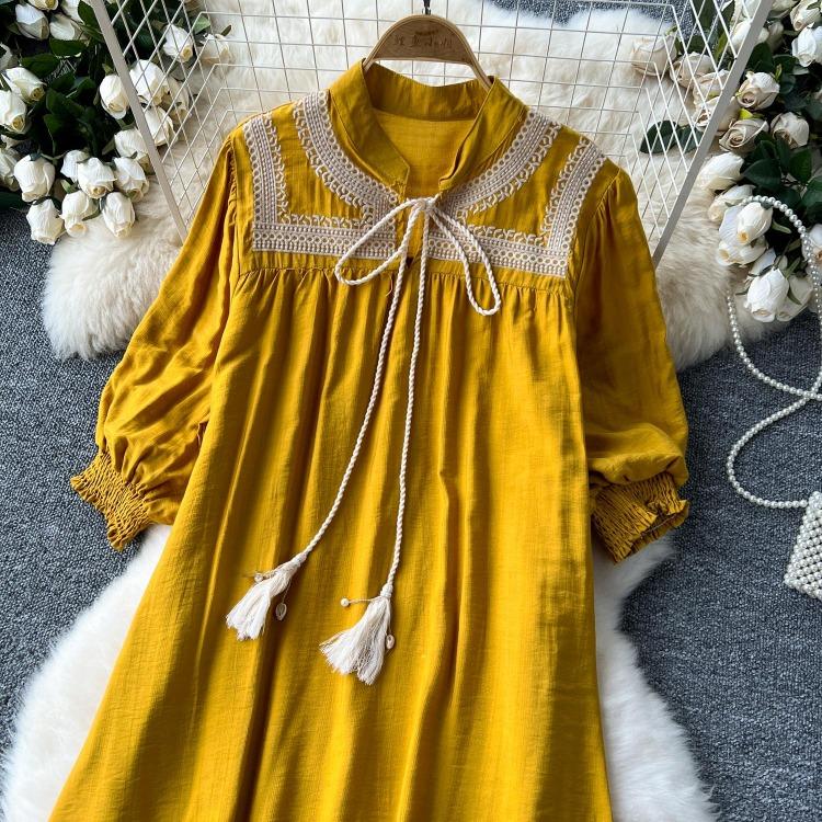 Elegant Retro Lace Up Summer Dress for Women A Line Ruffle Lantern Sleeve Loose Vacation Sweet O Neck Dresses