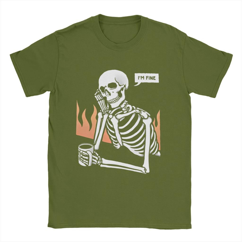 Novelty Skeleton Eternal Lovers  TShirt for Men O Neck Cotton T Shirt    I Am Fine  Short Sleeve Tees Party Tops