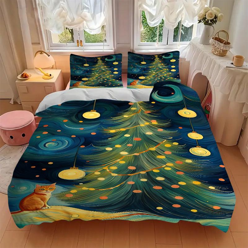 3pc Christmas Cat Cover Set - 1 Quilt Cover + 2 Pillowcases, All Seasons Bedroom Setting, Perfect for Home035