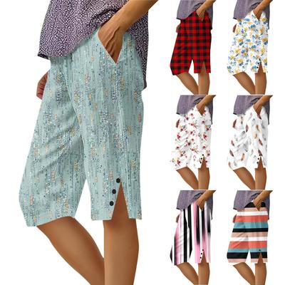Women's Casual Printed Knee-length Shorts With Side Slits, Buttons And Pockets, Five-point Pants