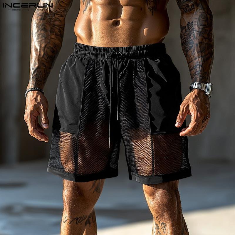 

INCERUN Men Elastic Waist Drawstring Mesh Net Patchwork Casual Sports Shorts S чорний