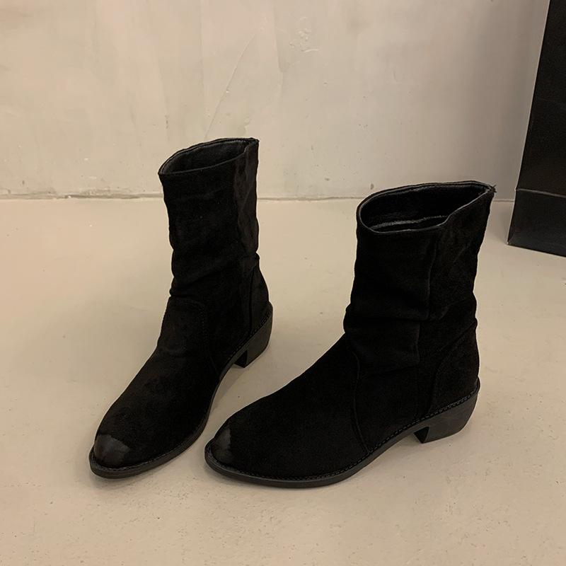 

Ботильоны на толстом каблуке короткие женские ботинки 2025 ранняя осень новые замшевые хаки короткие ботинки ковбойские сапоги рыцарские сапоги женские 40 чёрный