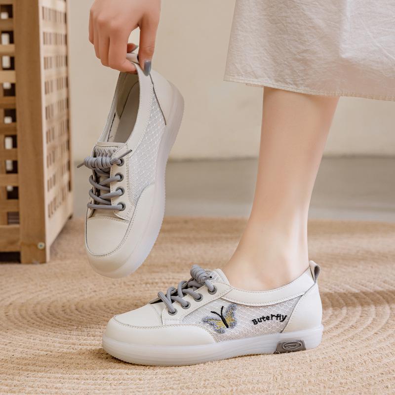 Women's White Leather Slip-On Sneakers - Spring/Autumn, Soft Sole, Butterfly Design, Casual Flats, Plus Sizes Available