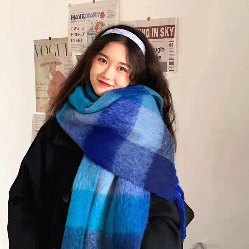 Korean Style Plaid Mohair Scarf - Women's Winter Imitation Cashmere Shawl