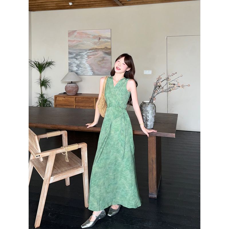 

Kumikumi Holiday Style Design Lace-up Vest Dress Women Summer Waist Hugging Slimming V-neck Temperament Long dress Ink Green L
