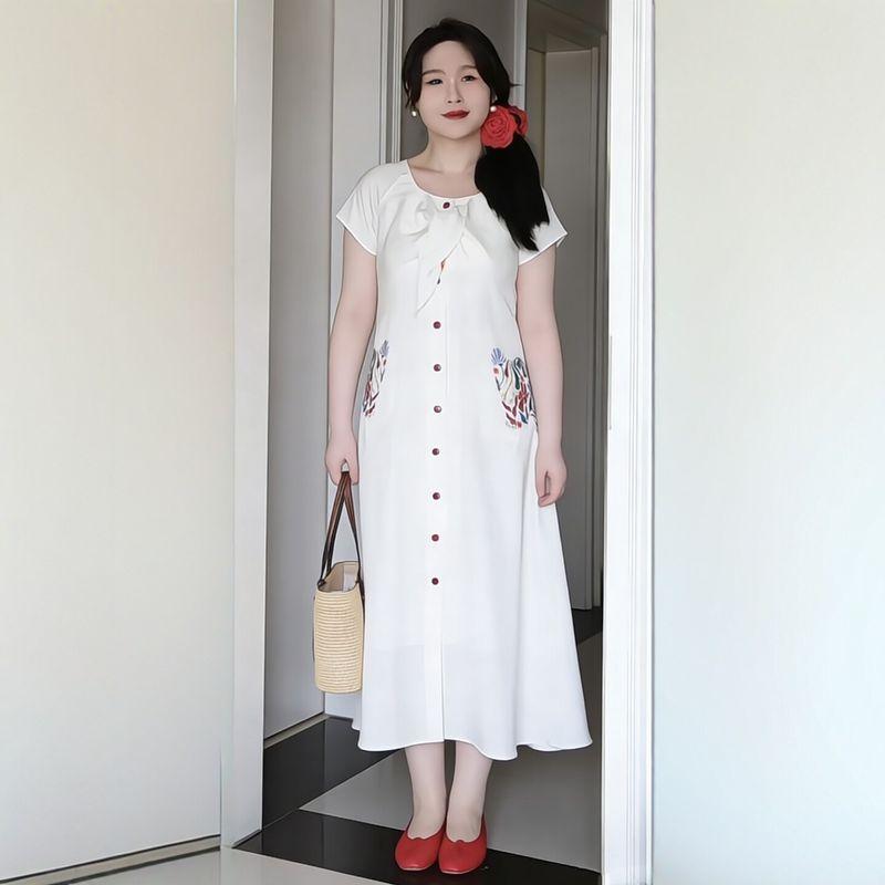 Plus-Size Women s Fashion Korean-Style Design Single-Breasted Embroidered Dress 2026 Summer Stylish Slimming Dress White L