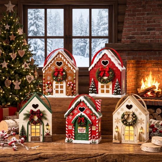 Paper Party Favor Bags Christmas Wonderland Cottage Gift Box, House Shaped Treat Boxes, Holiday Festive Snack Storage Boxes Holder with Handle