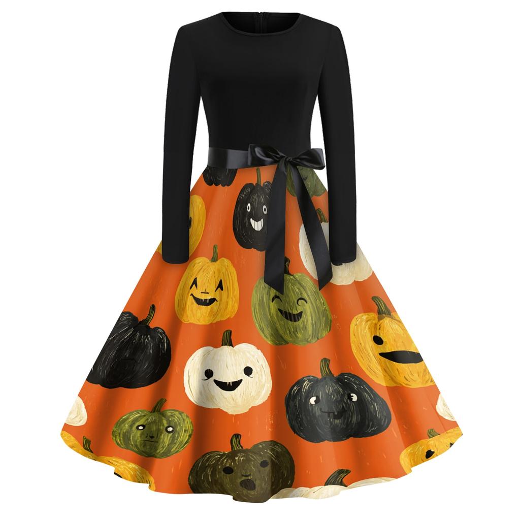 Women's Casual Vintage Halloween Dress Long Sleeve Round Neck Retro Print Fit and Flare Midi Dress with Waist Tie Belt