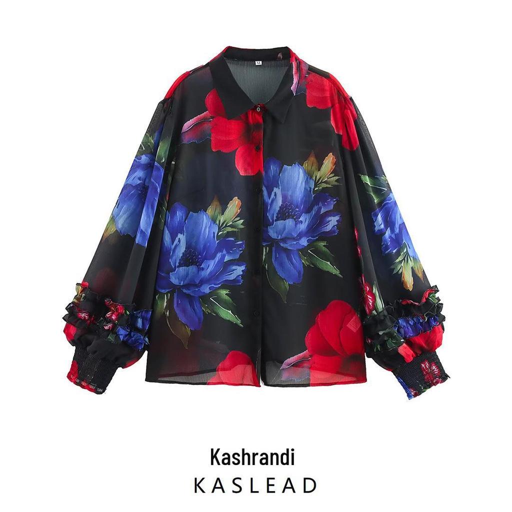 2025 Spring Women's Plus Size Chiffon Print Long Sleeve Shirt - European & American Fashion