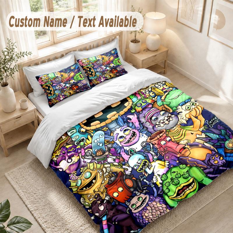 My Singing Monsters Bedding Set, 1 Duvet Cover & 2 Pillowcases Soft Comfortable Bedroom Home Textile Decor