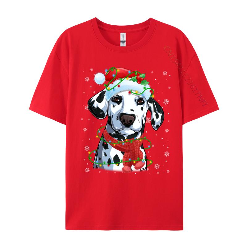 Christmas Lights Dalmatian Dog Santa Hat Scarf T-Shirts Dog Lovers T-Shirts Simple Style Top Quality Mens Tees
