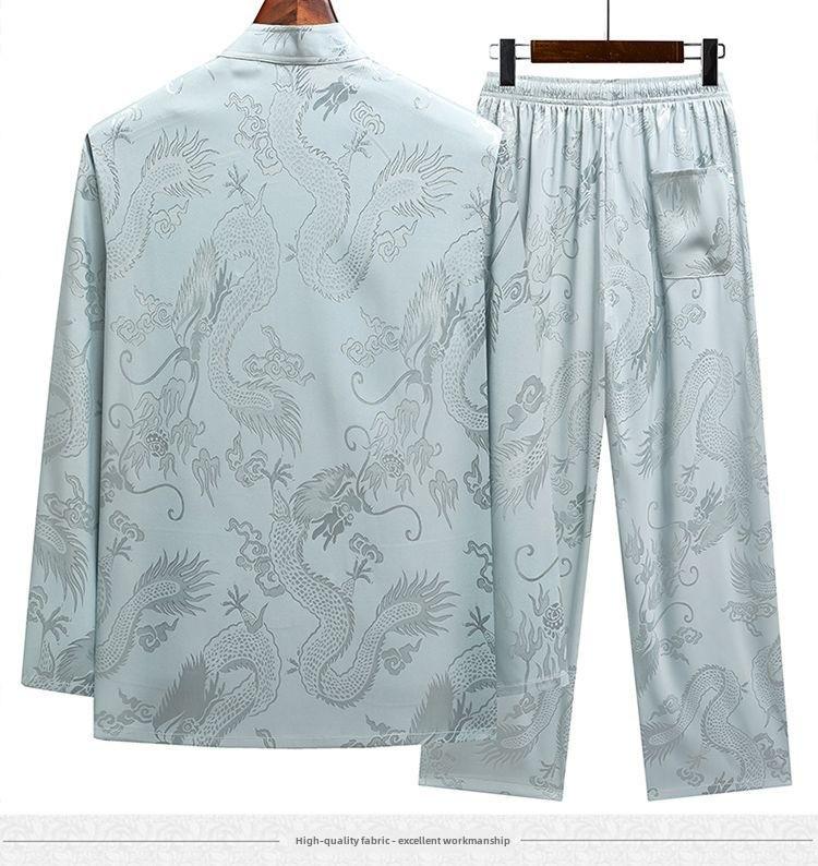 Men's Ice Silk Long-Sleeve Tang Suit: Chinese-Style Spring Hanfu for Older Adults, Loose Fit