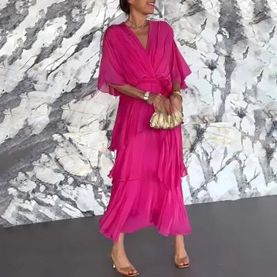 Women's Flowy Chiffon Wedding Guest Dress Ruffle Half Sleeve Empire Waist Ruched Wrap Dress V Neck Tiered Swing Dresses