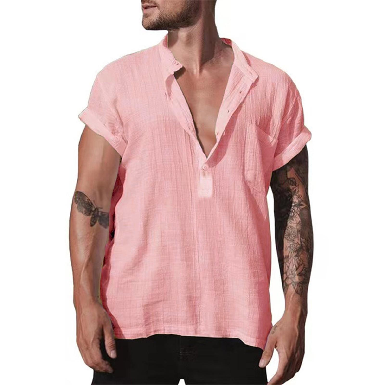 

Літня бавовняна бавовняна тонка повсякденна одноколірна синя вільна сорочка зі стоячим коміром XXXL рожевий