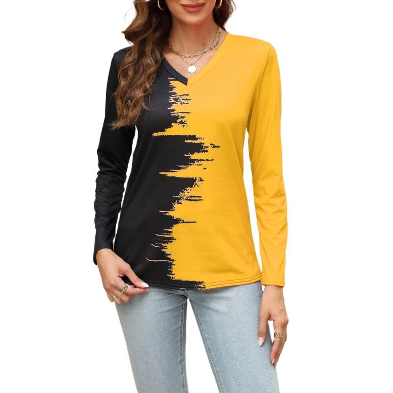 Chemisier à manches longues et col en v pour femme, imprimé de collision, printemps et automne