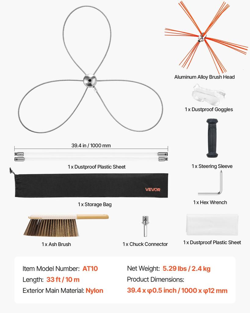 Chimney Sweep Kit, 10m Maximum Extendable Length Chimney Brush, Chimney Cleaner Sweeper with Dual Brush Heads, Brush & Goggles, Fireplace Cleaning