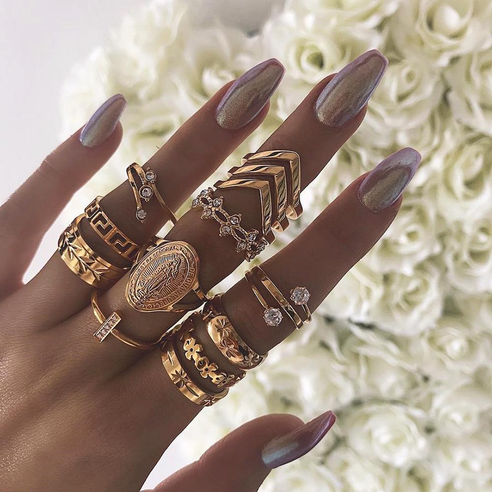 Vintage Beauty Avatar Gold Coin Cross Pattern Love Fatima Palm Ring 15-piece Ring Set