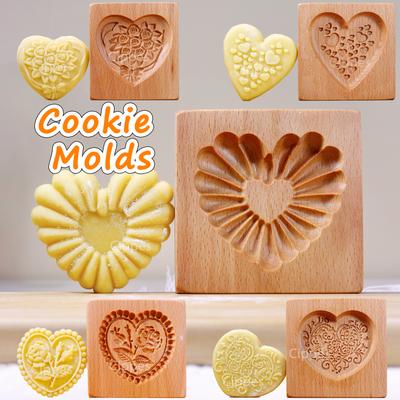 1 Stück Holz-Keksform mit Herz- & Blumenmustern 3D DIY Geschnitzt Geprägt Keksstempel Formen zum Backen Fondant Kuchen Keks