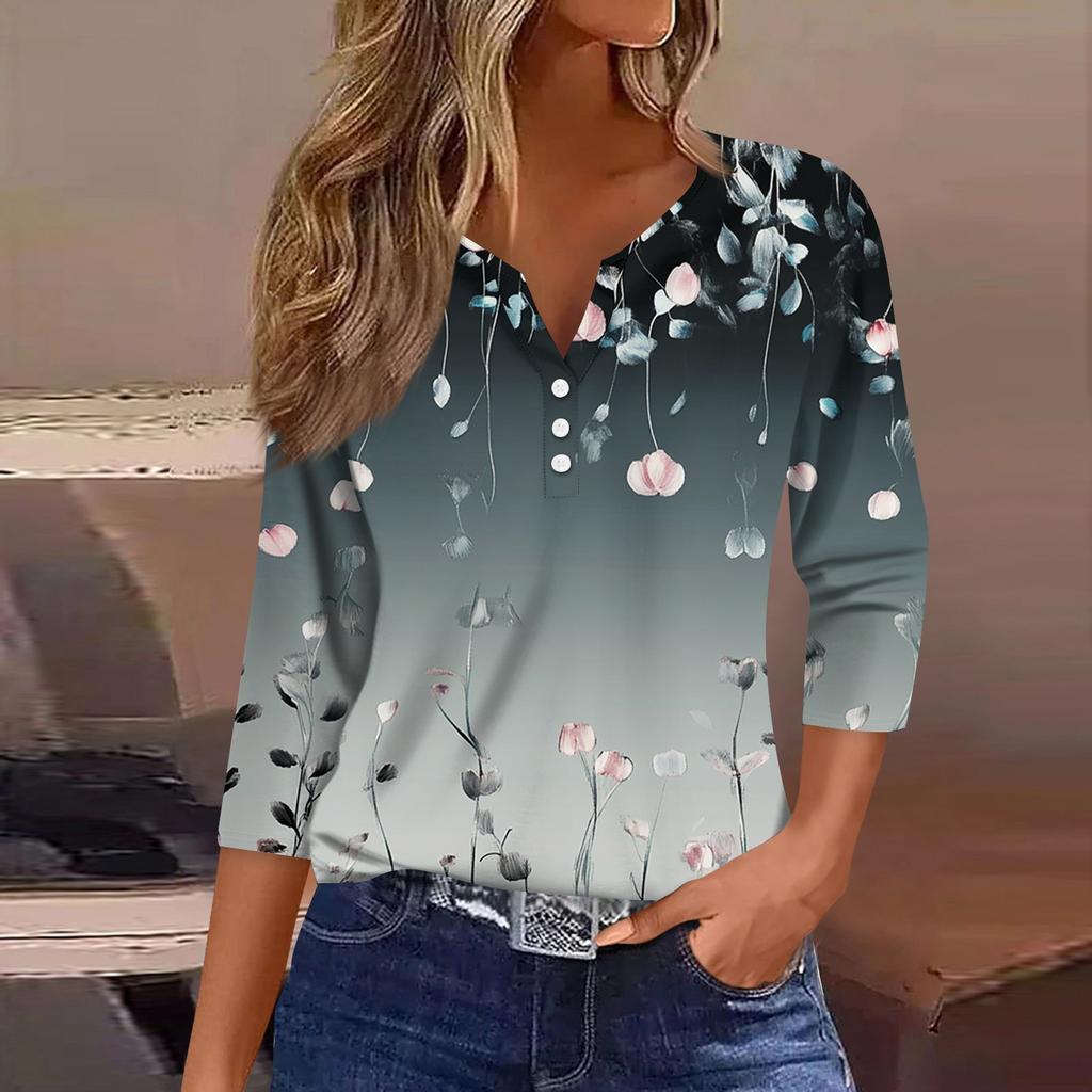 Damska koszulka T-shirt z nadrukiem Rękaw 3/4 Codzienny weekend Moda Podstawowy Dekolt w kształcie litery V Regularny top