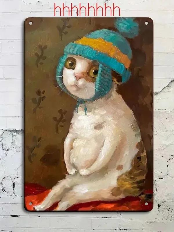 Vintage Tabby Cat Wall Art Aluminum Metal Painting Lollipop Knife Decor 20x30cm
