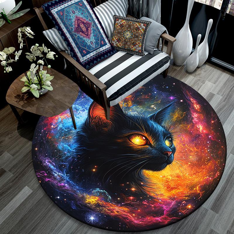 Cosmic Cat Round Area Rug,Carpet Rug for Living Room Bedroom Sofa Playroom Decor,Non-slip Floor Mat