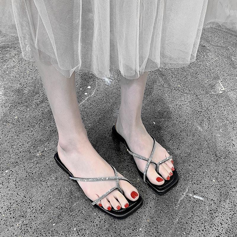 Flat Shoes Summer New Square Toe Clip-Toe Crystal Slim Strap Anti-Slip Wear-Resistant Plus Size Roman Shoes
