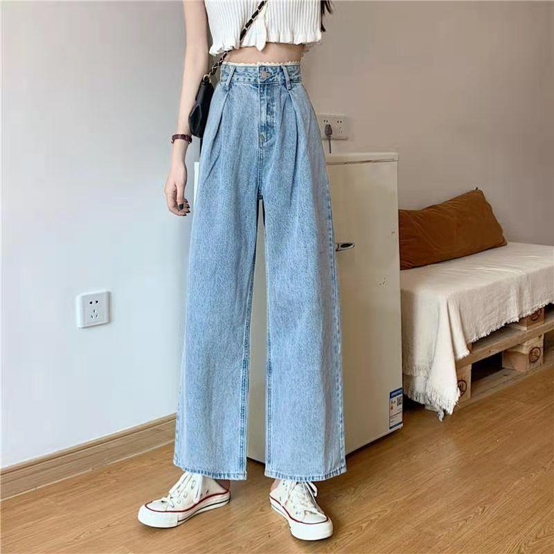 Lace-edged High-waisted Jeans Women's Wide-leg Pants Loose Straight Dad Pants Vintage and Thin Pants