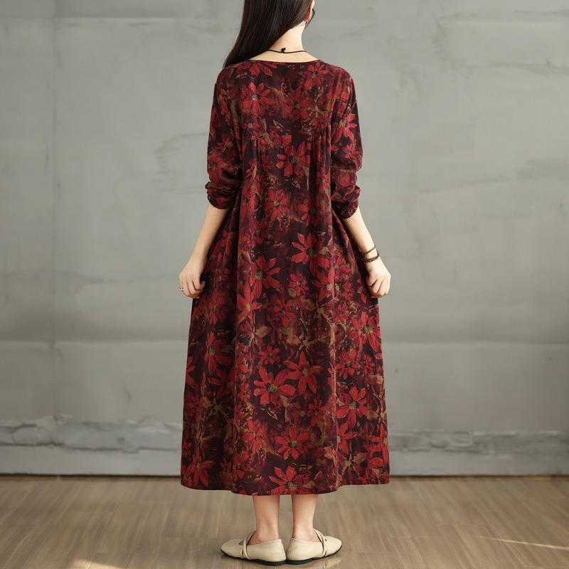 Real Autumn New Retro Loose Large Size Splicing Cotton and Linen Printing Round Neck Long Sleeve Dress Women's Long Dress