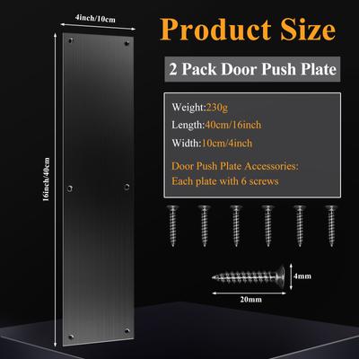 2 Piezas Placa de Empuje para Puerta 16x4 Acero Inoxidable Placa de Empuje para Puerta Placa de Patada para Puerta Negra, Placa de Puerta Cepillada Placa Metálica de Protección para Puerta