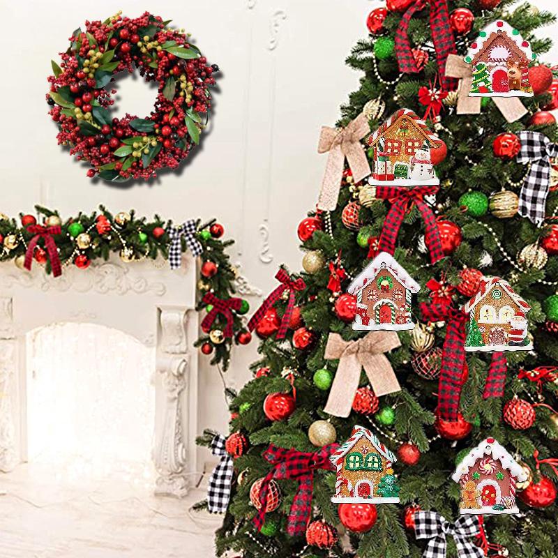 12PCS Christmas Tree Decoration Gingerbread House Pendant Wooden Multi-element Suspension Rope Holiday Wooden House Gift