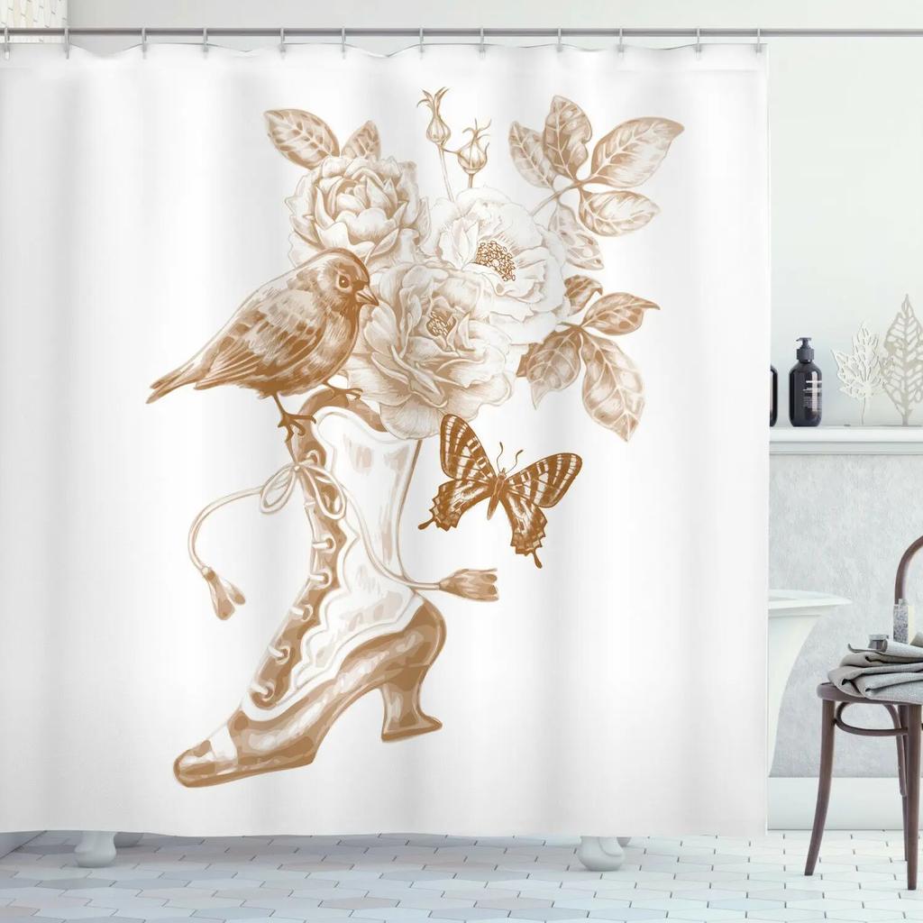 Victorian Shower Curtain Ladies Clothes History Dress Handbag Feather Gloves Floral Design Baroque Bathroom Curtains With Hooks