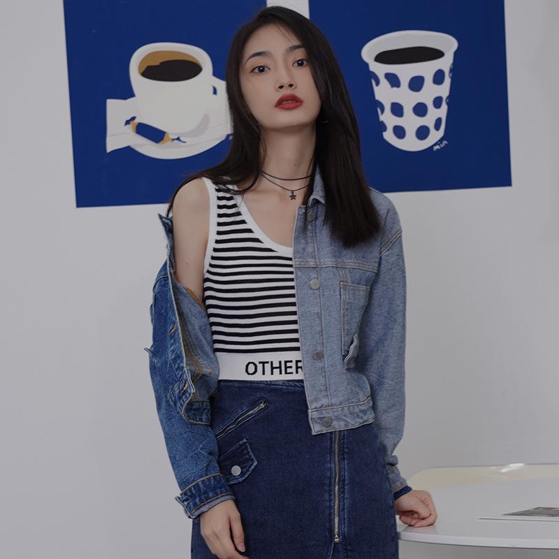 Women's Color Block Long Sleeve Denim Jacket with Inverted Pockets