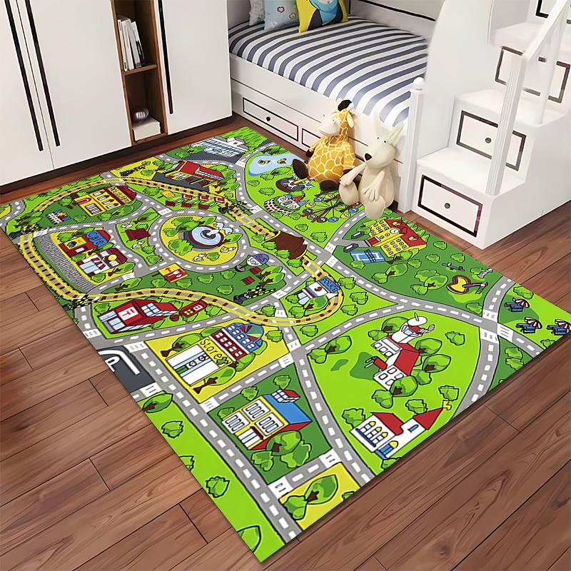 Colorful Town Map with Buildings Non-slip Rug Suitable for Living Room and Bedroom Sofas.