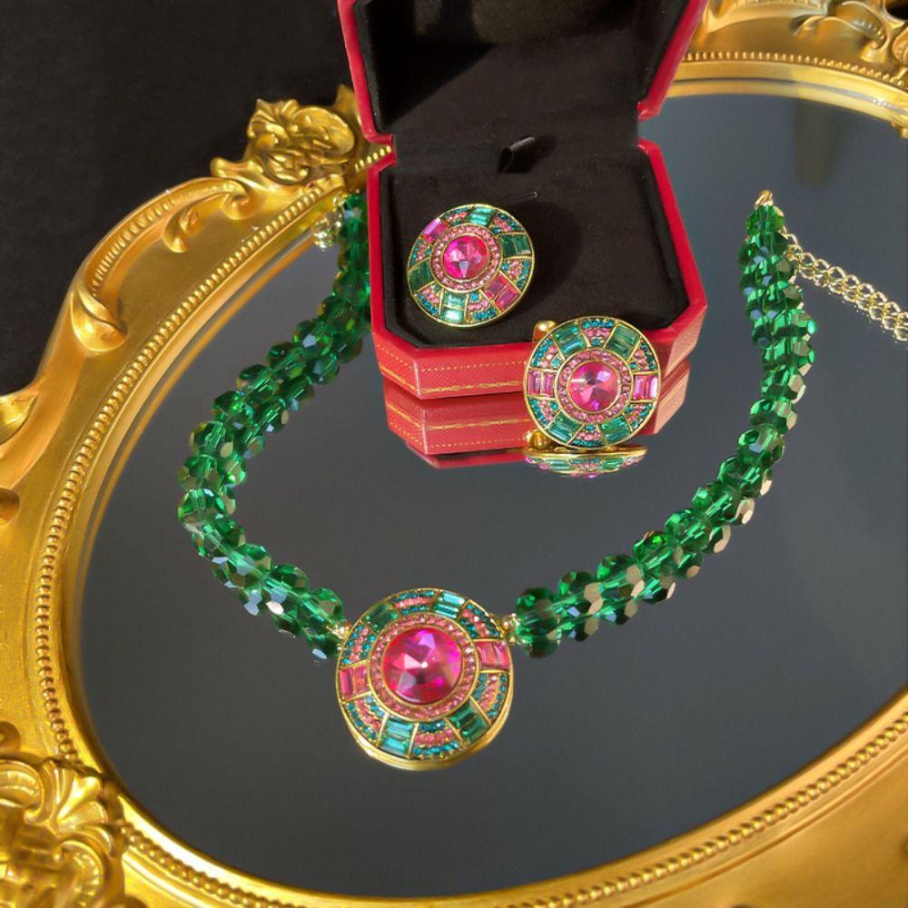 Pink And Green Round Stud Earrings Retro Fashion Pendant Green Crystal Necklace Wedding Party