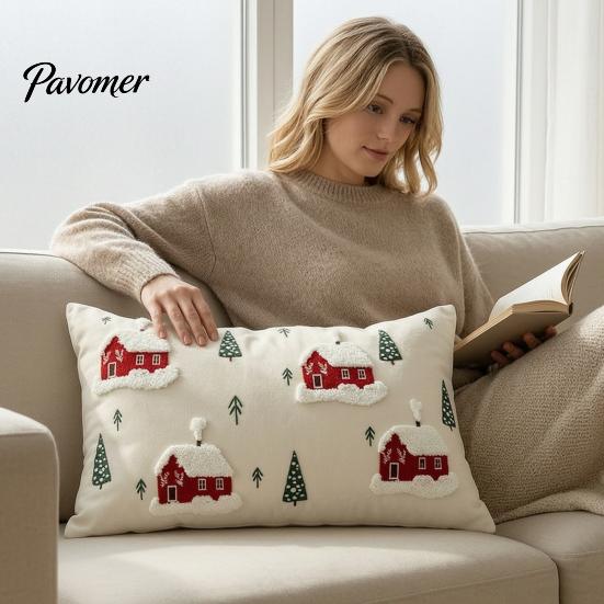 Modern Living Room Pillow Protectors Christmas Cottage Cushion Cover, Red Snowy House Pillowcase, Decorative Soft Canvas Square Covers Throw Case for