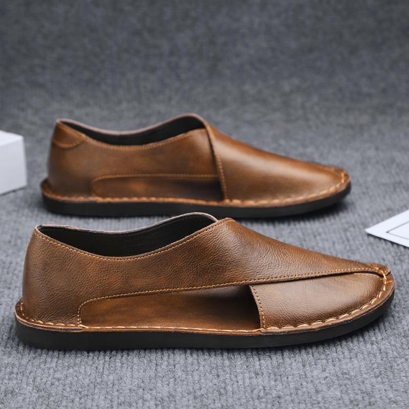 Large size leather sandals men's summer breathable cowhide slippers comfortable one-pedal driving shoes lazy leather shoes