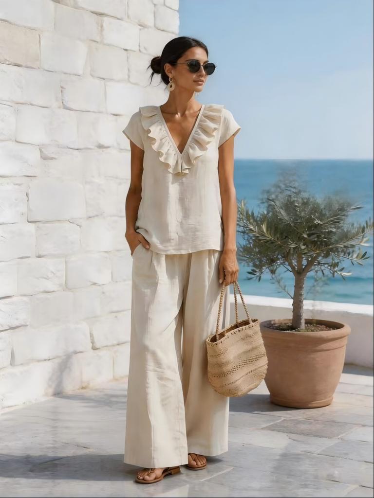 2026 Cross-border European and American romantic French light luxury vacation ruffle V-neck top and loose wide-leg pants set